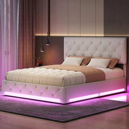 BRILVERDE Polsterbett 160x200 mit Stauraum unter Bett, LED Doppelbett mit Verstellbares Kopfteil, Jugendbett mit Lattenrost, Stauraumbett, Bettgestell, Leinen (Beige, 160 x 200 cm)