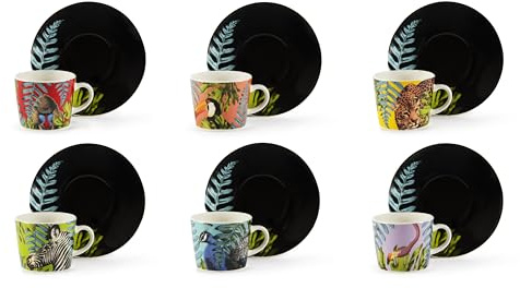 Excelsa Madagascar Set 6 Tazzine da Caffè con Piattino in Porcellana, 90 ml, Decorazione Animali Esotici