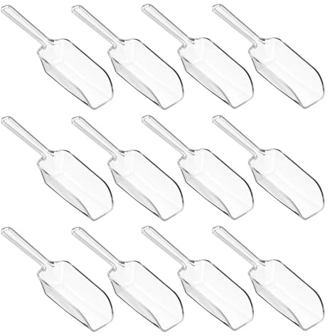 12 Pcs Clear Plastic Acrylic Kitchen Scoops for Food, 4.3 Inch Multi Purpose Ice Scoop, Sweet Candy Scoops for Buffet, for Wedding Ice Cream Candy Dessert Buffet Protein Powders Tea Flour Coffee