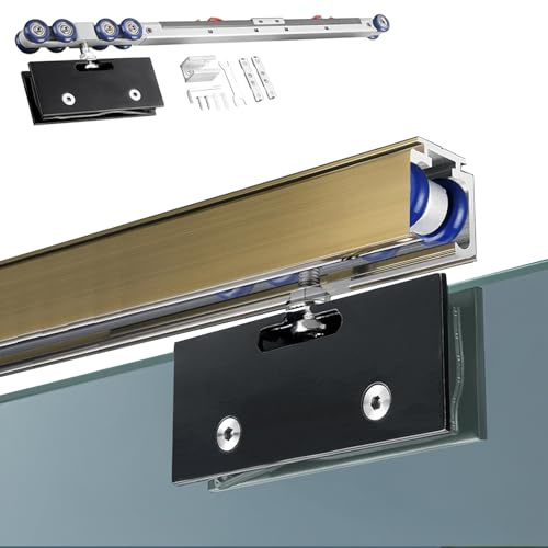 Kit de rails de porte en verre sans cadre à fermeture amortie de 3,8 m avec pince en verre noir pour porte coulissante de salle de bain (finition champagne)