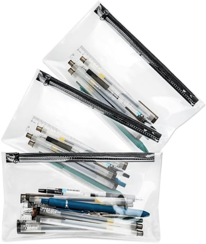 elzle Federmäppchen Durchsichtige für Prüfungen, 3 Stück | Transparente Federtaschen Reißverschluss wasserdichte PVC Pencil Case für Schule Schreibwaren, Toilettenartikel, Make up
