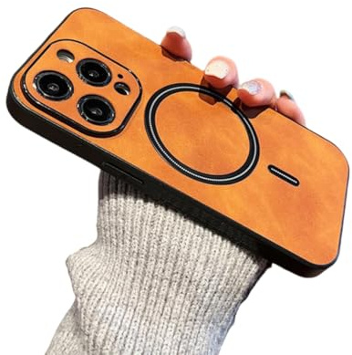 LVVLBBT Luxuriöse, kabellose Ladehülle aus magnetischem Cortex-Leder für iPhone 16 13 12 15 Pro Max 14 Plus 14pro, stoßfeste Stoßstangenabdeckung (für iPhone 11Pro Max/Hellbraun)