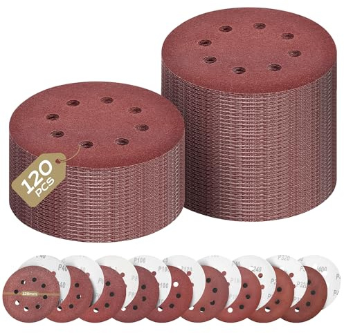 Yokuni 120 Stück Schleifpapier 125mm klett, schleifpapier set hat 8 Löchern zur Montage auf Elektroschleifern (Schleifpapierkörnungen 40/60/80/100/150/240/320/400)