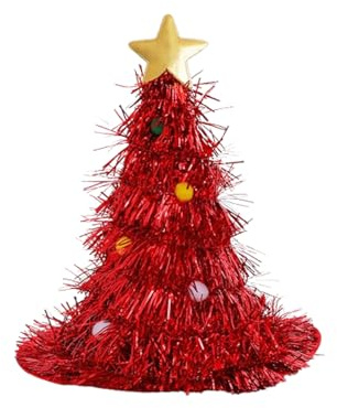 fdsmall Erwachsener Weihnachtsbaumhut mit Tinsel und Gold Star Topper Weihnachtsmann Hut mit Stern Neuheit Spaß Weihnachtsparty Hut Festival Feier Familie Party Cosplay Requisiten (Red)