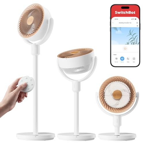 SwitchBot Ventilador Circulador de Pie con luces RGB, ultrasilencioso de 22 dB con mando a distancia, hub Matter, caudal de 9,15 m³/min, altura ajustable, 4 modos, 9 velocidades, temporizador de 9 h
