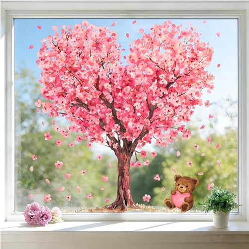 6 Blatt Fensterbilder mit Rosa Herzbaum für Kinderzimmer Zuhause Deko | JOLCEEY Statische Fensterbilder Selbstklebend Fensteraufkleber Groß Valentinstag Fenster Aufkleber für Fenster Glas Deko