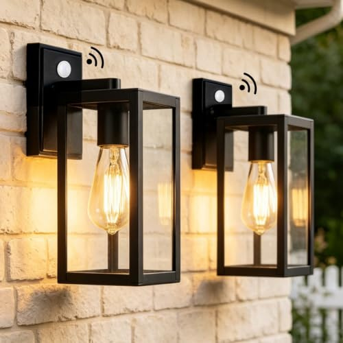 BRIMMEL Außenwandleuchte mit Bewegungsmelder, Aluminiumdruckguss Wandlampe Außen Schwarz, E27 Dämmerungssensor Gartenleuchte IP44 Wetterfest für Haustür Terrasse, 2er Set