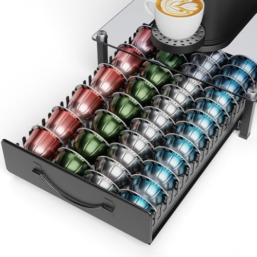 Multifunctional Coffee Pod Holder for Nespresso Vertuo 48-24 Vertuoline Capsules & 32 Dolce Gusto Pods, Small Vertuo Pods Storage Drawer with Glass Top, Non-Slip Sliding Metal Coffee Capsule Holder