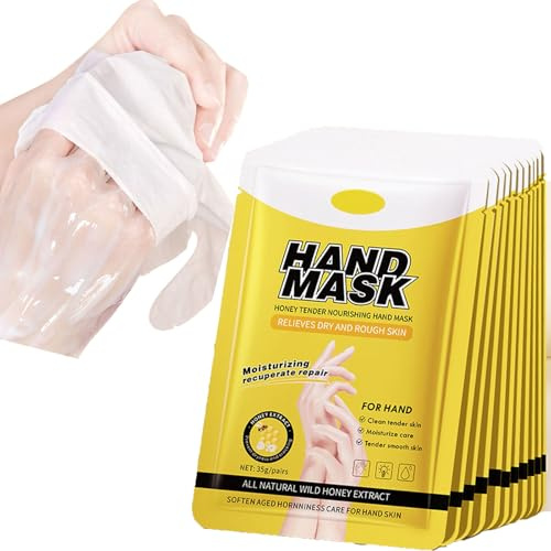 10 Stück Honig Handmaske Set – Intensive Feuchtigkeitspflege für sehr trockene & rissige Hände – Mit Peeling Handschuhen & Reparatur Creme,empfindliche und rissige Hände (10)