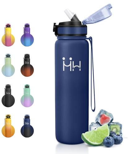 Botella Agua Acero Inoxidable 1 Litro, Botella Termica con Pajita, a Prueba de Fugas, Fácil de Abrir, Doble Pared al Vacío, Cantimplora Reutilizable para Escuela, Gimnasio, Uso Adulto,