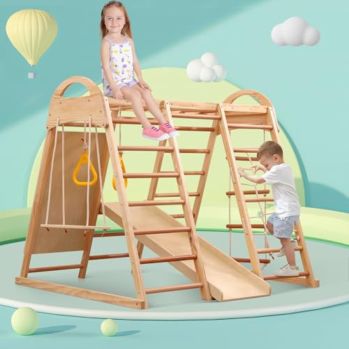 Structure d'escalade pour Enfants 7-en-1, Bois Aire de Jeux Exterieur Enfant avec balançoire, Toboggan, Filet d’Escalade, Anneaux de Gymnastique – Transformable en Tente