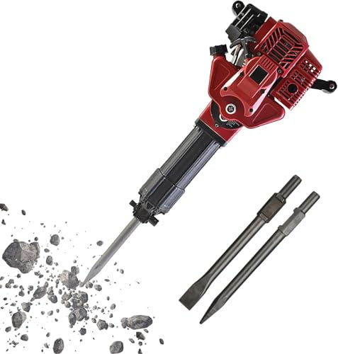 Burineur à Essence 1700W 52cc 2 Temps avec 2 Burins Traités Thermiquement, Marteau-Piqueur Lourd pour Démolition Béton, Briques, Roche, Maçonnerie et Entretien des Routes