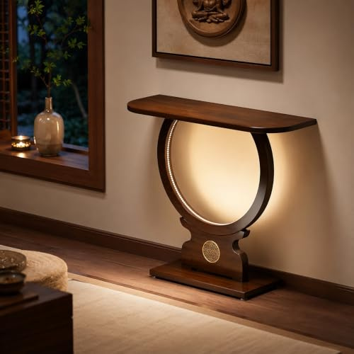 YHTCSXMD Table d'autel Bouddhiste en Bois avec Bande Lumineuse | Large surface de bureau, Sanctuaire personnel pour salon et entrée, table d'offrandes pour encens(L31.5in/80cm)