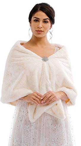 Jovono Frauen Braut Hochzeit Kunstpelz Schal Wrap Braut Pelz Schal Stola Fur Wraps und Tücher für Frauen (Beige)