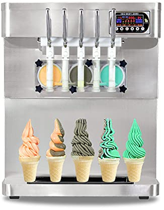 Kolice CE Commercial Countertop 3+2 Mixed Flavors Soft Serve ice Cream Machine, 5 Flavors Yogurt Soft ice Cream Machine, Upper Tanks refrigerated & Transparent Dispenser Set, Yeild up to 40L/hour