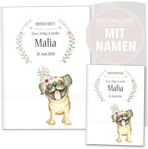 OLGS U-Heft- und Impfpasshülle 3-teilig Set mit Personalisierung | Möpse | Hülle für Untersuchungsheft und Impfpass | Geschenkidee mit Namen, Geburtsdatum (U-Heft Set personalisiert, Mops Jia)