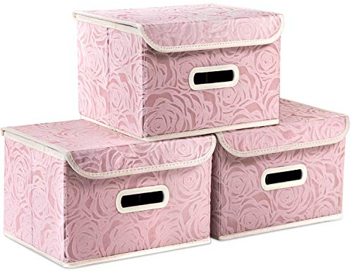 PRANDOM Aufbewahrungsbox mit Deckel Kleine,Rosenmuster Stoff Aufbewahrungskörbe,Dekorative Stapelboxen,Würfel,Faltbare Organizer,Boxen,Behälter,Rosa(3 Stück) 25x20x17cm,Schlafzimme,Schrank