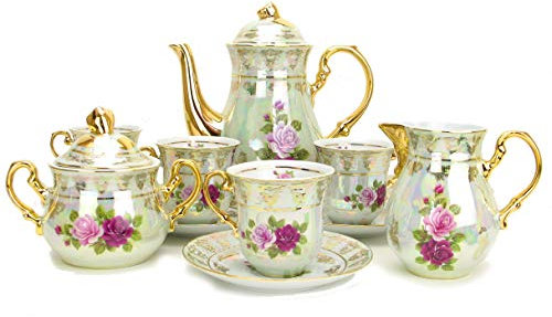 Euro Porcelain 17-pc Vintage Pink & Red Roses Tea Cup Coffee Set, White Pearlescent Floral Pattern 24K Gold Plated, Complete Service for 6 - Original Czech Tableware