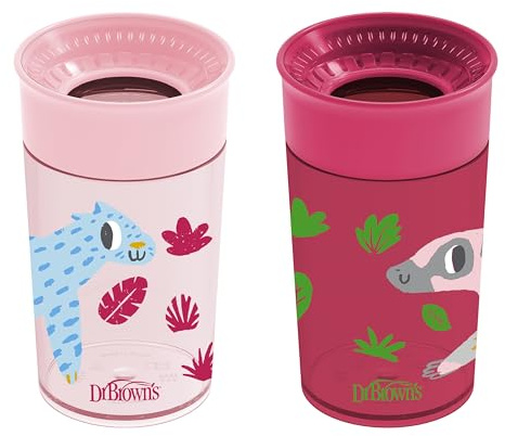 Dr. Brown's Milestones Cheers 360 Cup Spoutless Transition Cup, Travel Friendly & Leak-Free Sippy Cup, Pink Leopard – Red Lemur, 10 oz/300 mL, 2 count (1 pack)