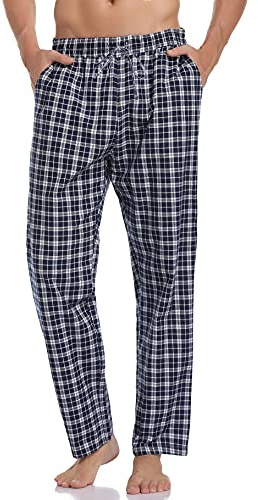 Aseniza pantaloni pigiama uomo in 100% cotone，Pantaloni Casual da uomo classici a quadri con coulisse in tasca（Blu scuro+bianco,L）