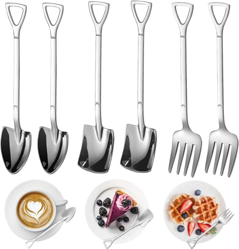 Fantasyon 6Pcs Stainless Steel Shovel Spoon Set, Creative Spade Fork Coffee Latte Ice Cream Tea Dessert Mixing Spoons Christmas Stocking Fillers for Party and Kitchen, Silver, Z-2054
