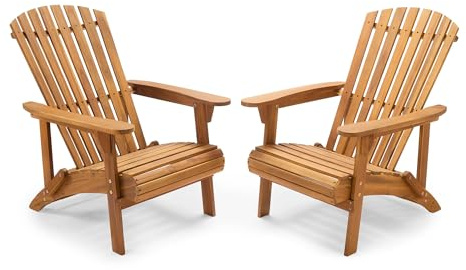 VonHaus Natural Adirondack Garden Chairs Set of 2, Acacia Hardwood, Hudson | Outdoor Fire Pit Chairs, Garden, Terrace, Patio & Balcony, Water Resistant Teak Oil Finish, Wide Armrests