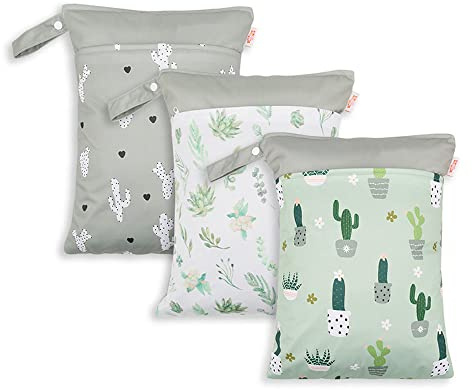 Treer 3 Stück Windeltasche für Unterweg, Stoffwindeln Nasstaschen Baby Wetbag Wiederverwendbar Wasserdicht Waschbar Kleinkind Windeln Organizer Beutel mit Reißverschluss (grüne Wüste,30x40cm)