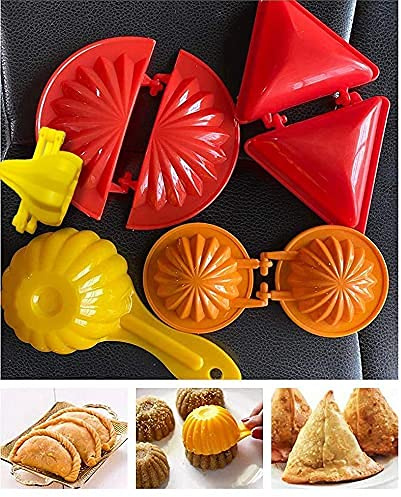 GRANTH ENTERPRISE Plastic Gujiya Modak Samosa Kachori Making Mould Set with Ladoo Mould Spoon Combo Pack Kitchen Tool Pie Maker Multicolor (5 PCS)