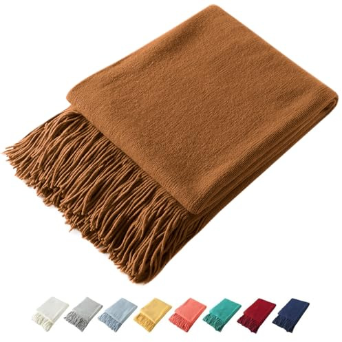 Homiest Dekorativer Strick-Überwurf mit Fransen, leichte Acryl-Strickdecke, weiche und gemütliche Quasten-Decke für Couch, Sofa, Bett (Hellbraun, 127,7 x 152,4 cm)