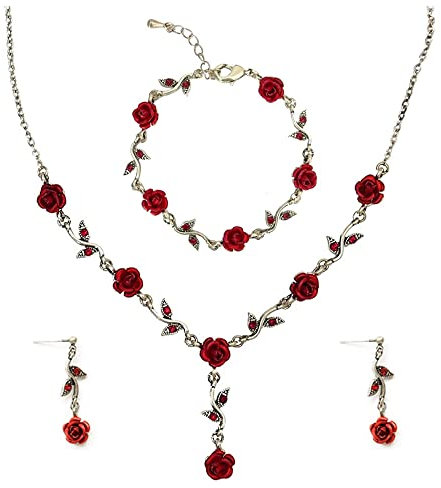FDEETY Romantische Rote Rosen Blume Blatt Halskette Ohrstecker Armband Set Brautschmuck Hochzeit Brautjungfer Schmuck Set (Rot)