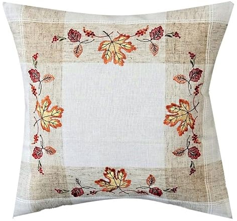 Raebel OHG Tischdecke Mitteldecke Tischläufer Deckchen Kissenhülle Herbst 15% Leinen beige Bestickt mit Ahorn und Buchen Blättern ín herbstlichen Farben (Kissenhülle 40 x 40 cm)
