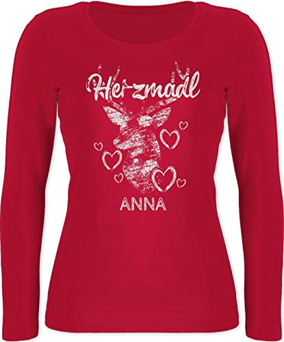 Langarmshirt Damen - Kompatibel Oktoberfest - Herzmadl mit Hirsch und Herzen - L - Rot - bayrisches Outfit Trachten Herz Shirt Langarm trachtenshirts Tracht Shirts trachtenshirt Trachten- t-Shirt