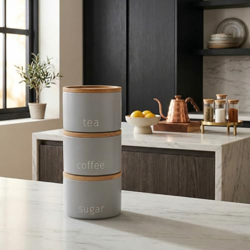 DEENZ Stackable Tea Coffee Sugar Storage Jars 3Pk Round Food Canisters Ceramic Great Storing Beans Matte Finish And Wooden Airtight Lids Storage Jars (Grey 140)