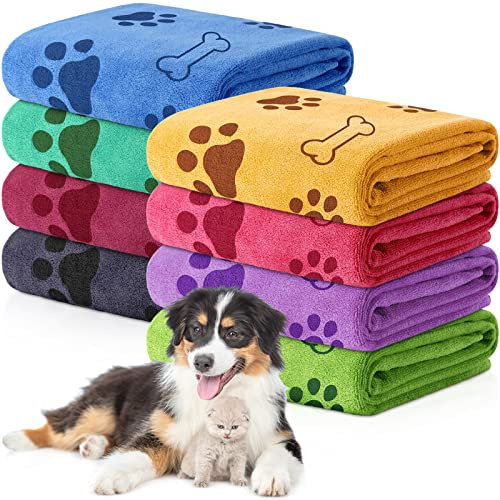 Chumia 8 Pcs Dog Towels for Drying Dogs Cats Pet Towels Bulk Puppy Microfiber Fast Drying Paw Bath Bathing Supplies Absorbent for Medium Pets(40 x 24 Inch,Dog Paw and Bone,Colorful)