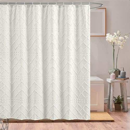 Inshere Weißer Boho-Bauernhaus-Duschvorhang für Badezimmer mit 12 Haken, moderne strukturierte getuftete Geometrie, marokkanisch, minimalistisch, niedlich, Duschvorhang-Set für Badezimmer, 183x5 cm