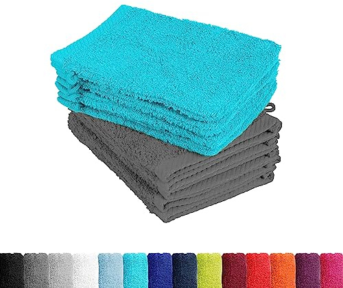 BaSaTex Frottee Waschhandschuhe, 10 Stück, 15x21 cm, Türkis Grau | 100% Baumwolle, Made in Green Zertifiziert, Aufhängeschlaufe, Saugstark und Weich