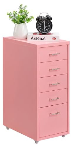 HollyHOME Mobiler Aktenschrank mit 5 Schubladen, rollender Akten-Organizer, Metall-Aufbewahrungsschrank mit Rollen für Zuhause, rollender Büro-Aktenschrank mit Rädern, Schule, Rosa