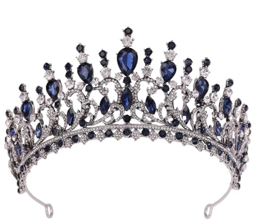 Crystal Bridal Crown Tiaras Rhinestone Diadem Veil Tiara Headbands Wedding Hair Accessories Antique Silver Blue