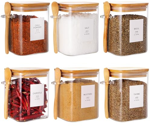 HHMJSM 6 Pcs Square Glass Jar with Bamboo Lid and Spoon - 27 oz Large Sugar Container with 148 Kitchen Pantry Spice Jar Labels Preprinted - Glass Containers with Wooden Lids Hold Coffee, Tea, Candy