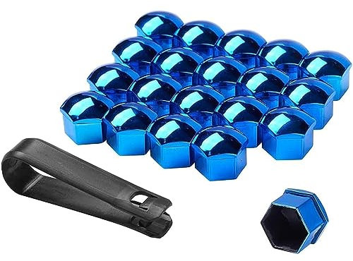FENOQ 20 Stück Radschraubenkappen Für Seat Leon 5F MK3, Universal Radmutterkappen Abdeckungen Sechseckige Radschraubenkappen mit Entfernungswerkzeug Set Auto Zubehör,E/Blue-21mm