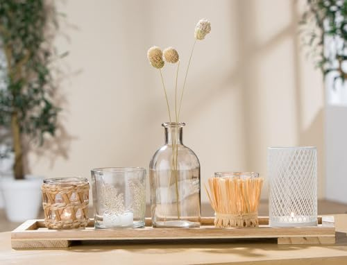GILDE Dekotablett Geschenkset 6 teilig Natur – Deko Teelichthalter Glas mit Tablett kleine Vase Trockenblumen mit Holz Tablett 13 x 40 cm -Tischdeko Wohnzimmer modern