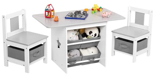 Yorbay Kindertisch mit 2 Stühle, Kinderaktivitätstisch mit Stauraum, 3tlg Kindersitzgruppe, Sitzgruppe für Kinder, Maltisch für Kinderzimmer, Spielzimmer, Vorschüler, Kindermöbel (Grau)