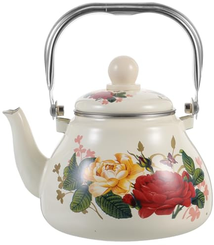ABOOFAN Emaille Teekessel 1L Mit Blumenmuster Vintage Wasserkocher Für Gas- Und Induktionsherd Teekanne Mit Ausguss Für Haus Büro