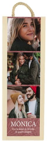 CALLEDELREGALO – Caja de Vino Personalizada con 3 Fotos y Dedicatoria | Caja de Madera para 1 Botella con Tapa Corrediza y Asa | Regalo Original para Parejas (Botella No Incluida)