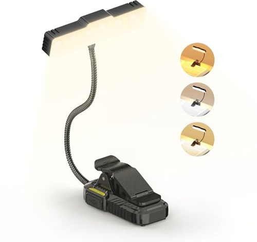 Smiling Shark Lámpara de Lectura, 1200 mAh USB Recargable Lampara para Libros 3 Colores Temperatura 6 Iluminación Portátil 360° Flexible Lampara Lectura con Pinza & Sensores Modo para Estudiar Leer