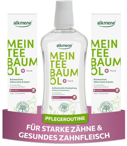 alkmene Mundpflegeset mit 6fach Schutz - Mundpflege Set mit Kariesschutz Zahncreme & antibakterielle Mundspülung - Naturreines Teebaumöl, vegan & klimaneutral - Fluorid Zahnpasta & Mundwasser