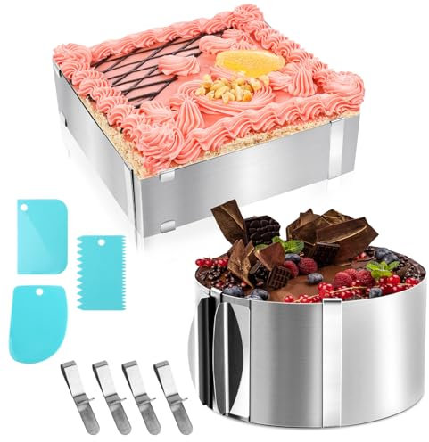 TNOMSNO 2 pièces Cercle à Pâtisserie Réglable, Bague à Gâteau Réglable Cercles de Pâtisserie Extensibles Lot, Anneaux À Gâteau Rectangulaires et Ronds en Acier Inoxydable avec 4 Clips Réglables