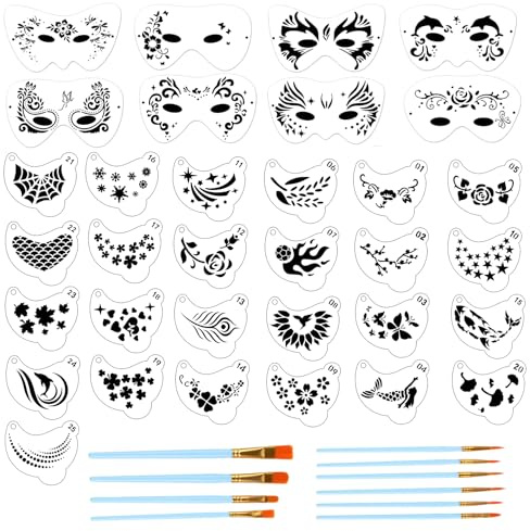 43 Stück Gesichtsmal Tattoo Schablonen | 33 Schablonen mit 10 Malerei Pinsel Kunststoff Tattoo Malerei Vorlagen Halloween Party Make-up