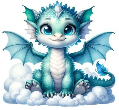 Bügelbild für Kinder Motiv Drache auf Wolke in groß, mittel und klein, zum selbst aufbügeln