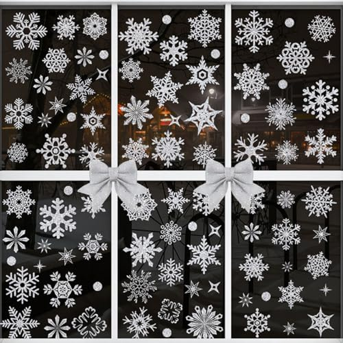 115Pcs Fensterbilder Weihnachten Selbstklebend, BetterJonny 9 Blätter Weihnachten Fenstersticker Schneeflocken PVC Weihnachtsdeko Fenster Christmas Decorations mit 2 Weihnachtsschleifen Glitzereffekt